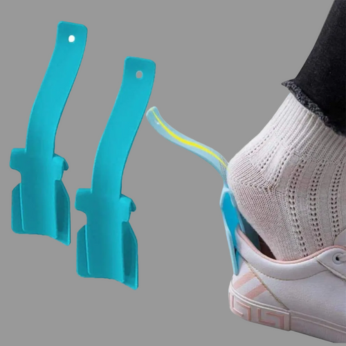 Turquoise sock aid tool being used to put on a sock with a white background