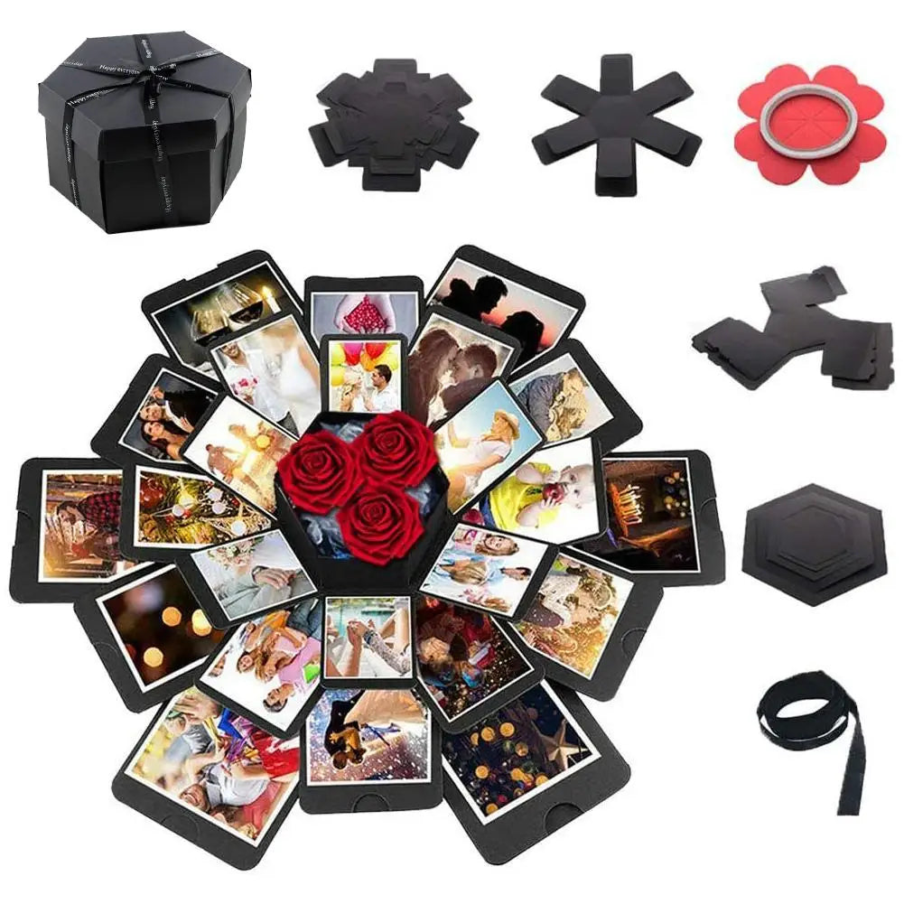 Decorative box with red roses surrounded by small photo frames on a white background