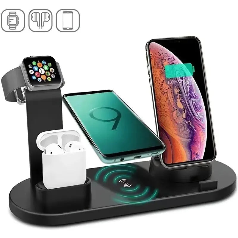 Black multi-device wireless charging stand with Apple Watch, AirPods, and two smartphones on a white background.