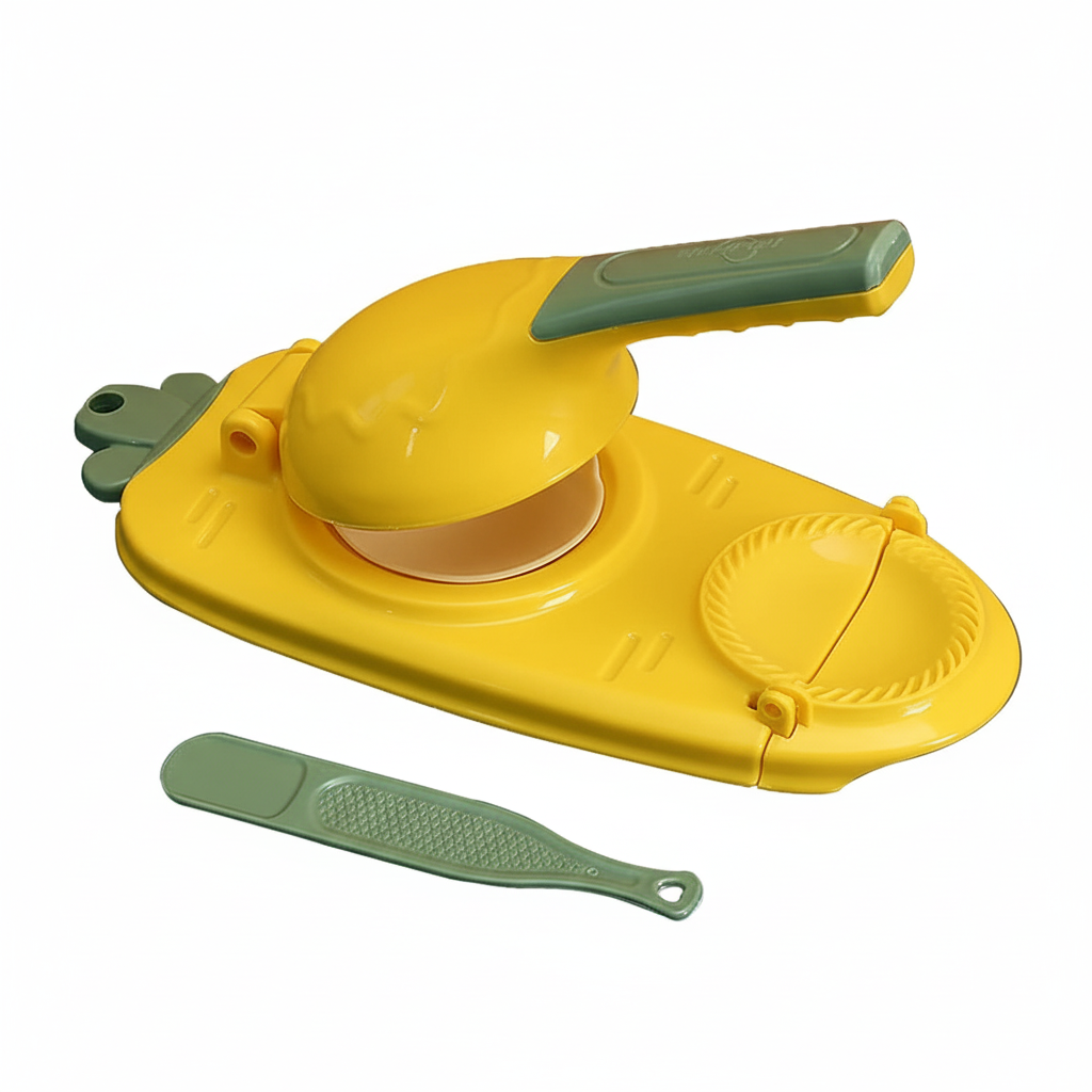 Yellow and green kitchen tool with a handle on a white background