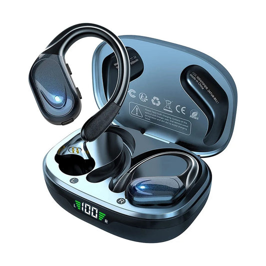 Wireless earbuds with charging case on a white background
