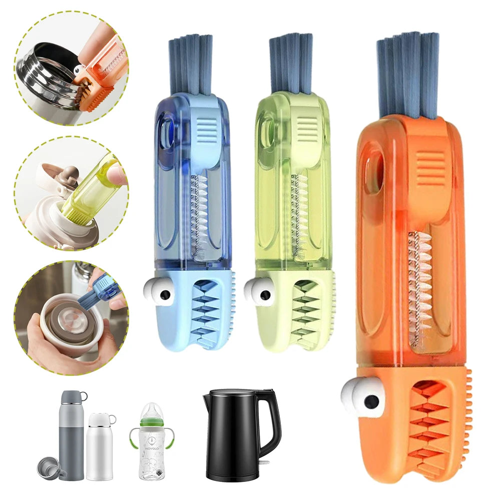 Set of three colorful cleaning brushes with additional images showing their use on various items.