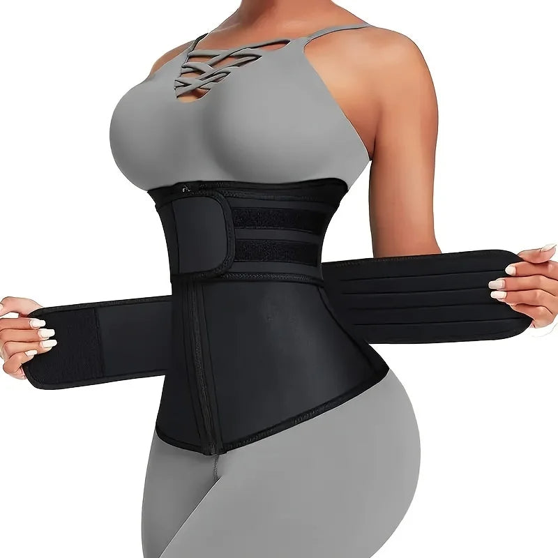 Black waist trainer being worn by a person on a white background