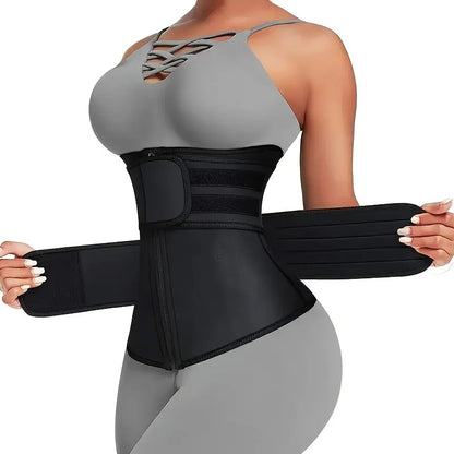 Black waist trainer being worn by a person on a white background