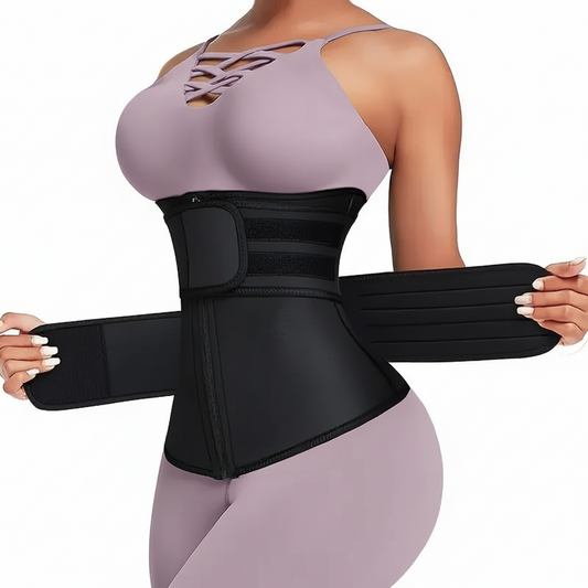 Person wearing a black waist trainer with a white background