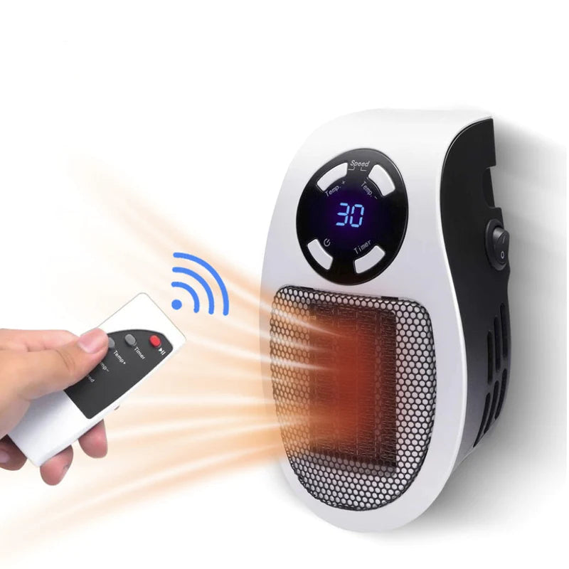 Portable space heater with digital display and remote control on a white background