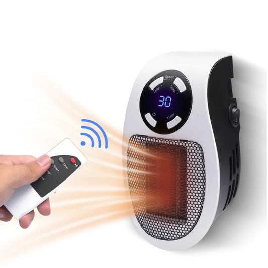 Portable space heater with digital display and remote control on a white background
