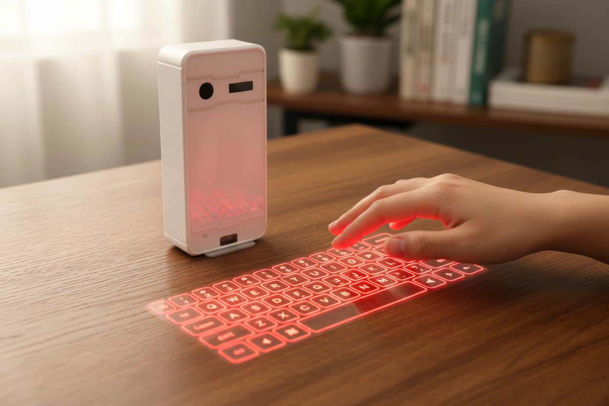 Holographic keyboard projection on a wooden surface with a device emitting the light.