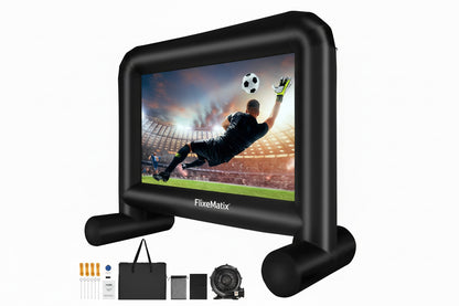 Inflatable outdoor movie screen with soccer game display and FlixeMatix branding.