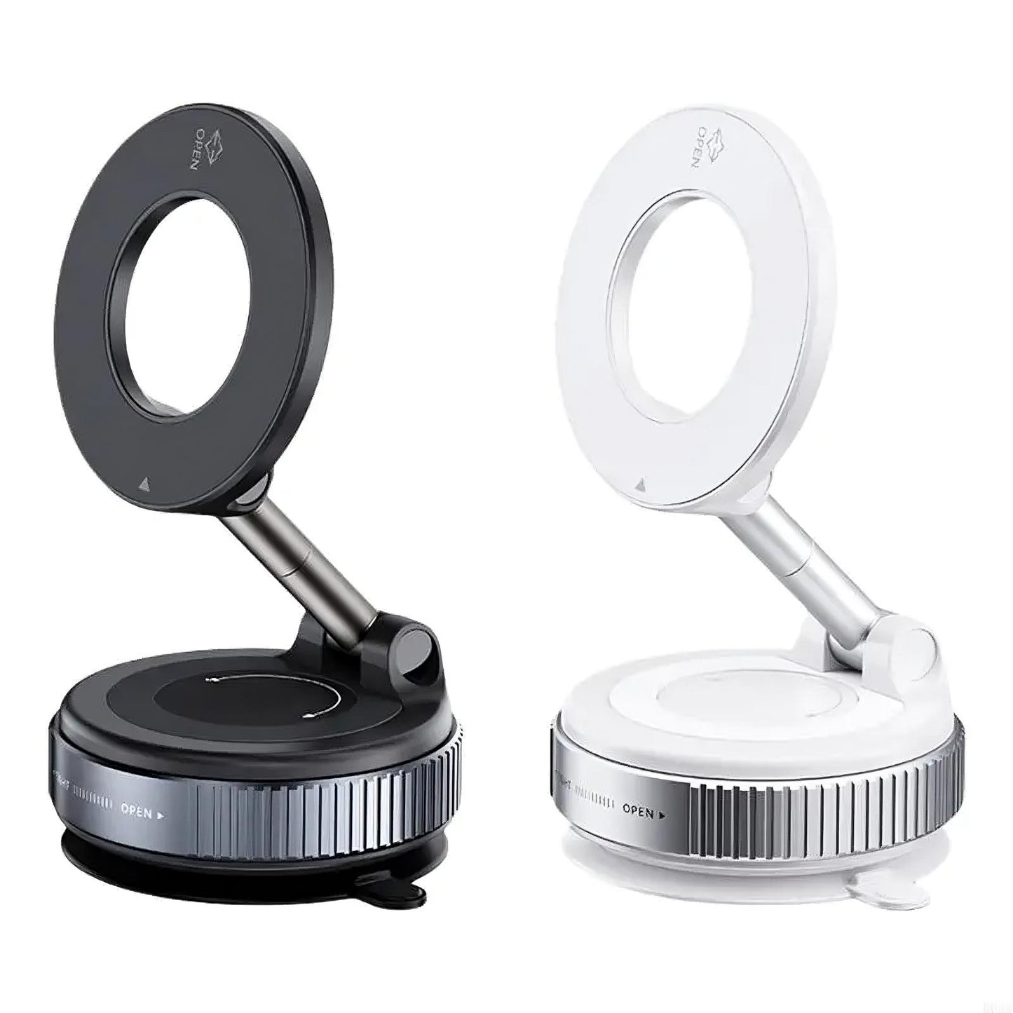 Two adjustable ring lights, one black and one white, on a white background.