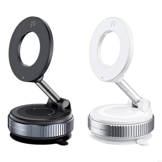 Two adjustable ring lights, one black and one white, on a white background.