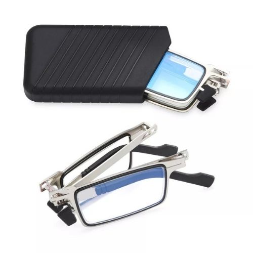 Foldable reading glasses with a black case on a white background