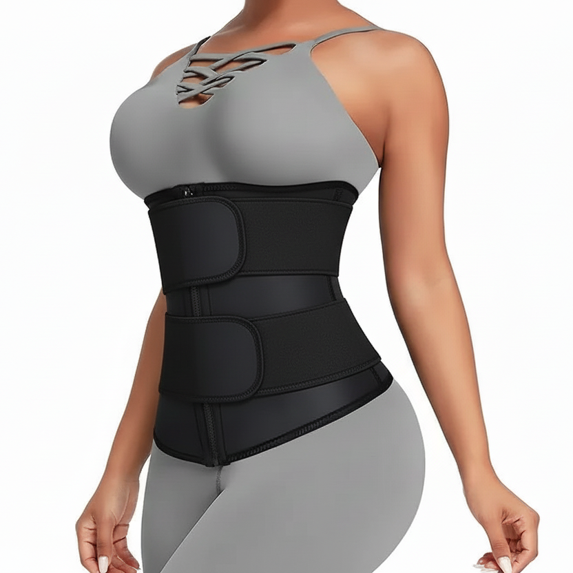 Person wearing a black waist trainer with gray athletic top and leggings on a white background