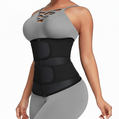 Person wearing a black waist trainer with gray athletic top and leggings on a white background