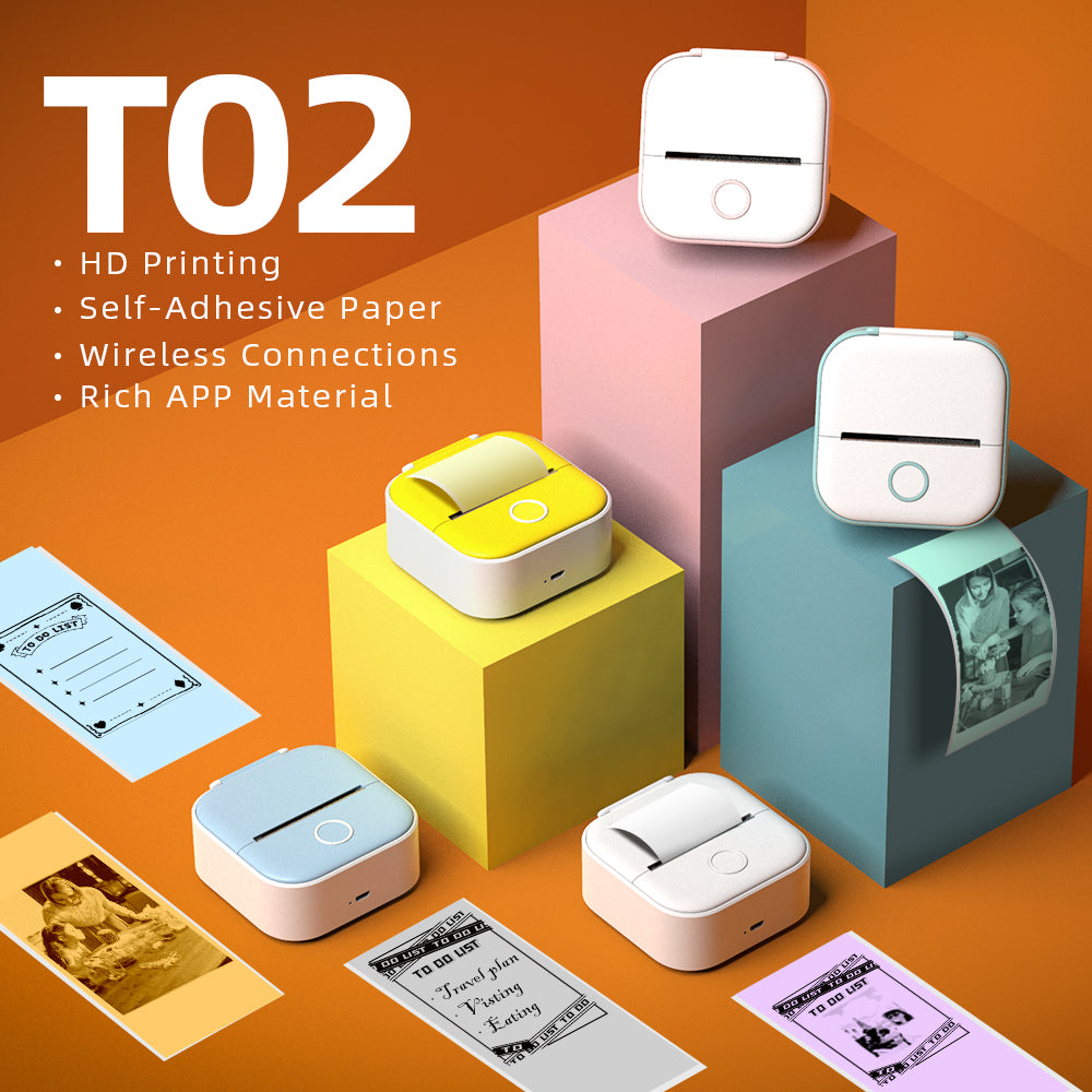 Small printer with adhesive paper on an orange background, featuring text about its features.