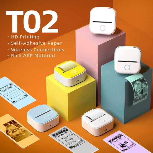 Small printer with adhesive paper on an orange background, featuring text about its features.