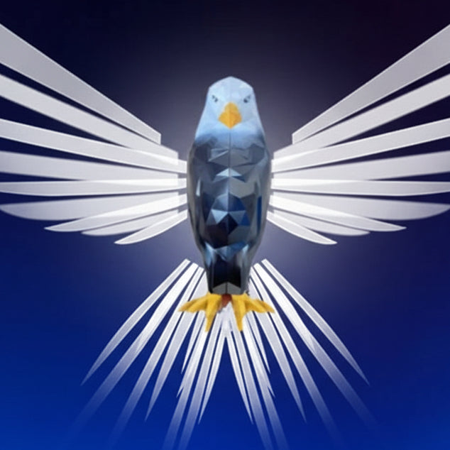 Crystal bird figurine with a blue and white background