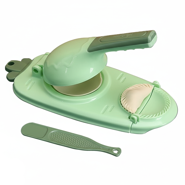 Green kitchen tool with a peeler attachment on a white background
