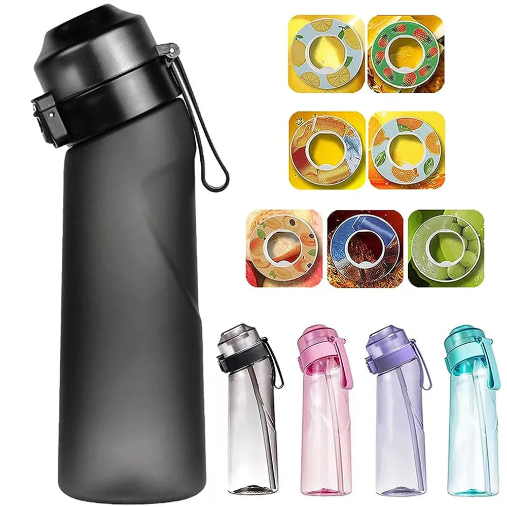 Black water bottle with colorful drink markers on a white background