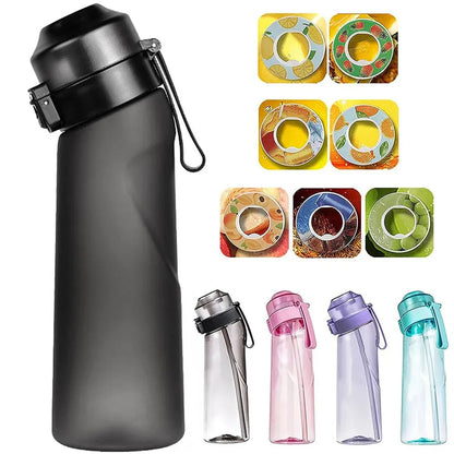 Black water bottle with colorful drink markers on a white background