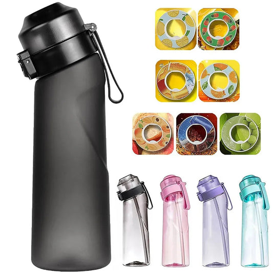 Black water bottle with colorful drink markers on a white background