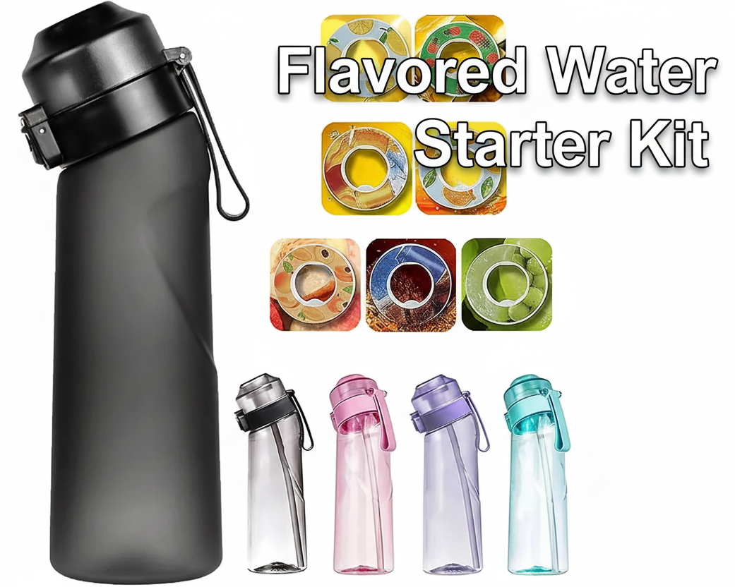 Black water bottle with colorful drink pods and text 'Flavored Water Starter Kit' on a white background.
