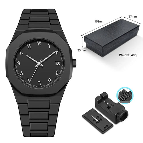 Black wristwatch with packaging and tools on a white background