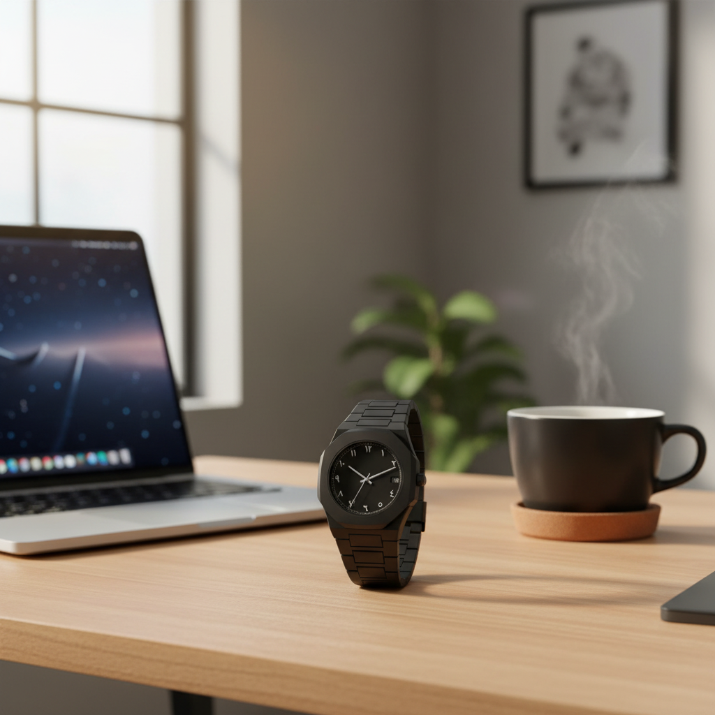 Black watch on a wooden desk with a laptop and mug in the background