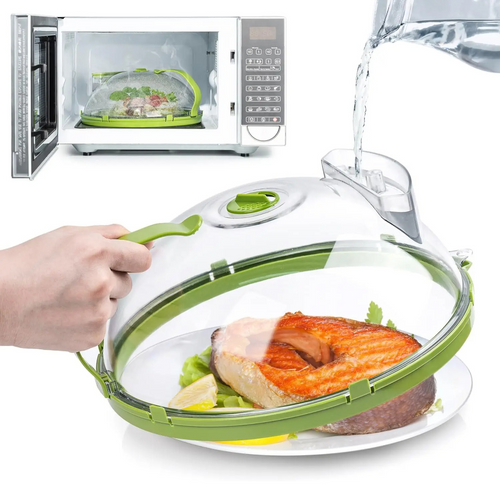 Microwaveable food cover with salmon dish inside, placed in front of a microwave.