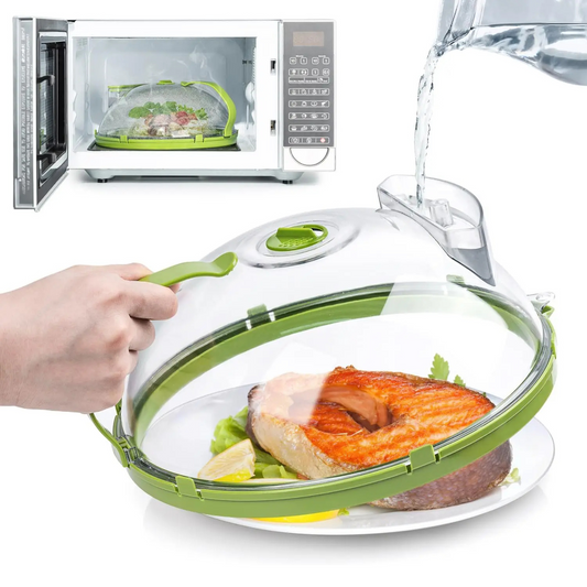 Microwaveable food cover with salmon dish inside, placed in front of a microwave.
