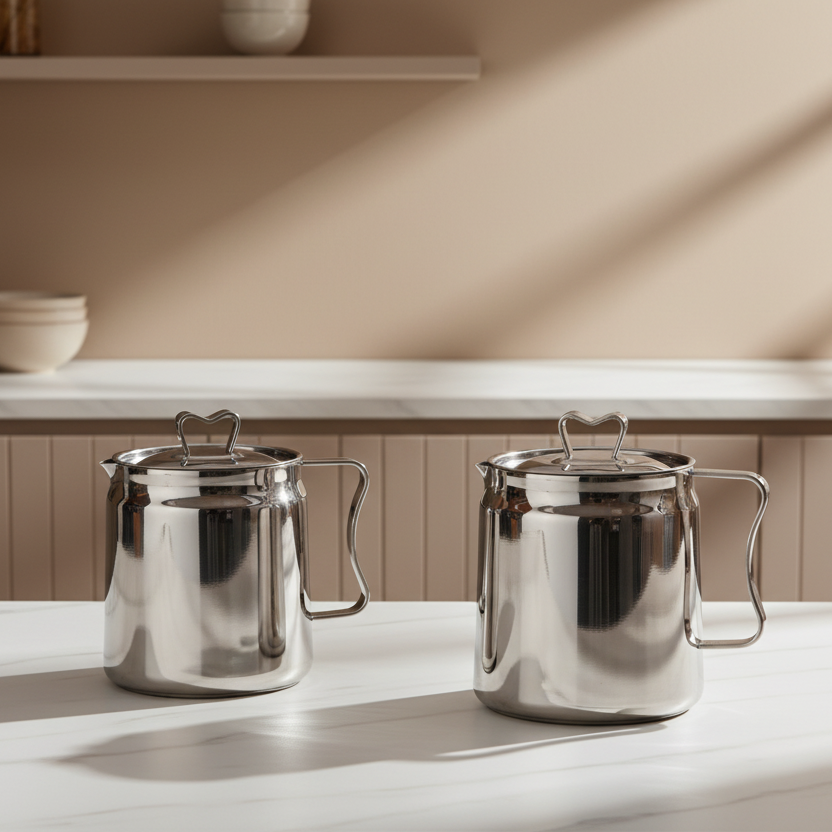 Two silver pots on a white surface with a neutral background