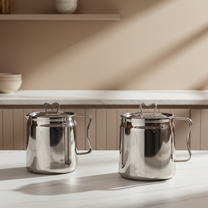 Two silver pots on a white surface with a neutral background