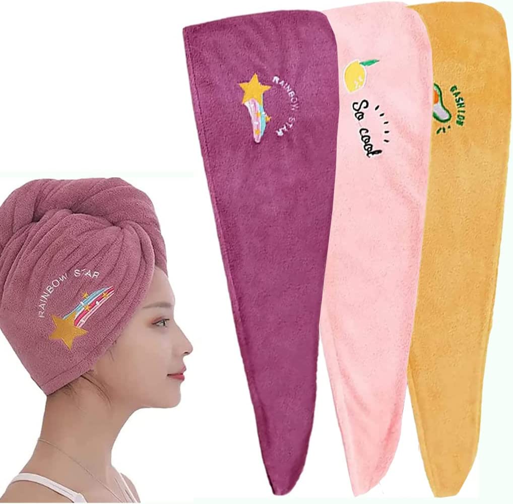 Three colorful towel wraps with designs and a woman wearing one of them.