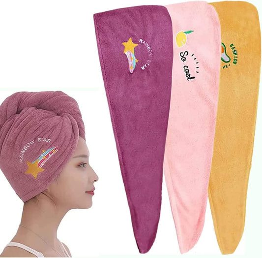 Three colorful towel wraps with designs and a woman wearing one of them.
