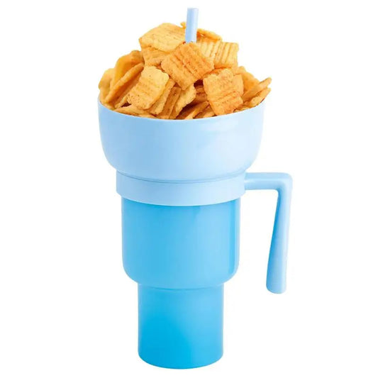 Blue snack cup with a straw filled with chips on a white background