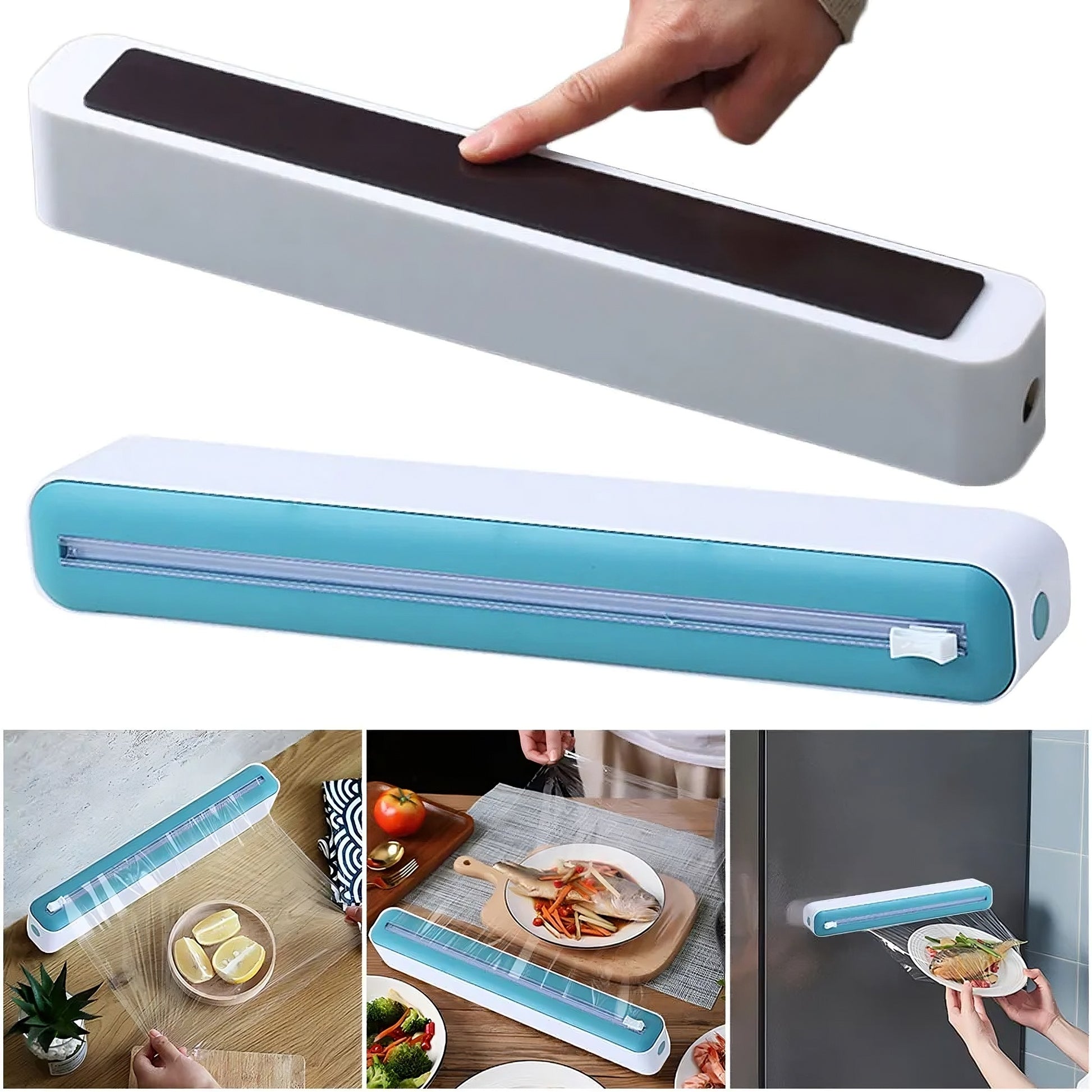 Collage of a hand holding a white and blue food sealer with various uses shown.