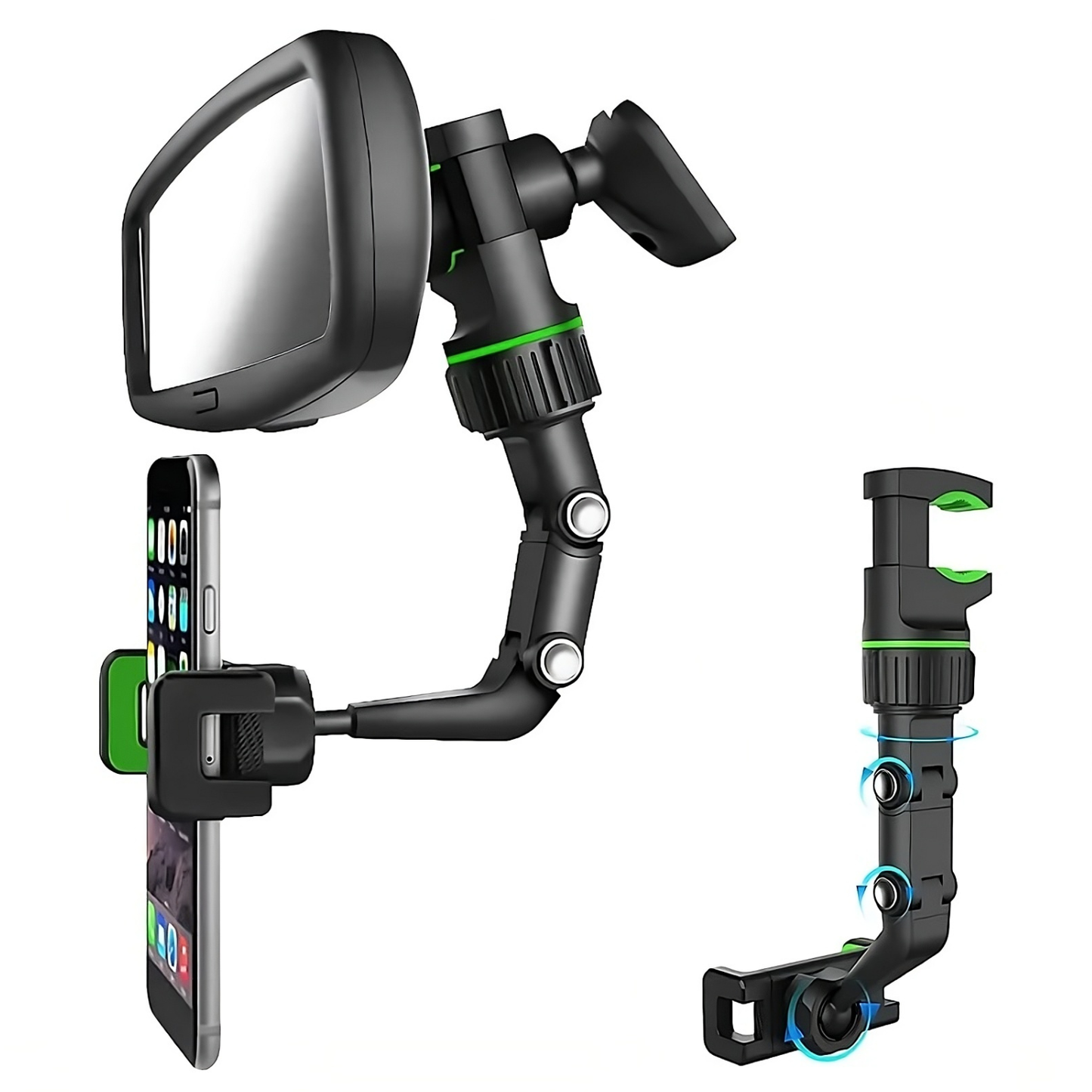 Multi-functional arm with mirror and phone holder on a white background