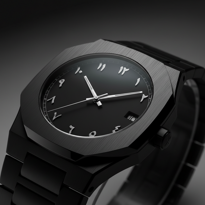 Black wristwatch with a dark gray strap on a gradient background
