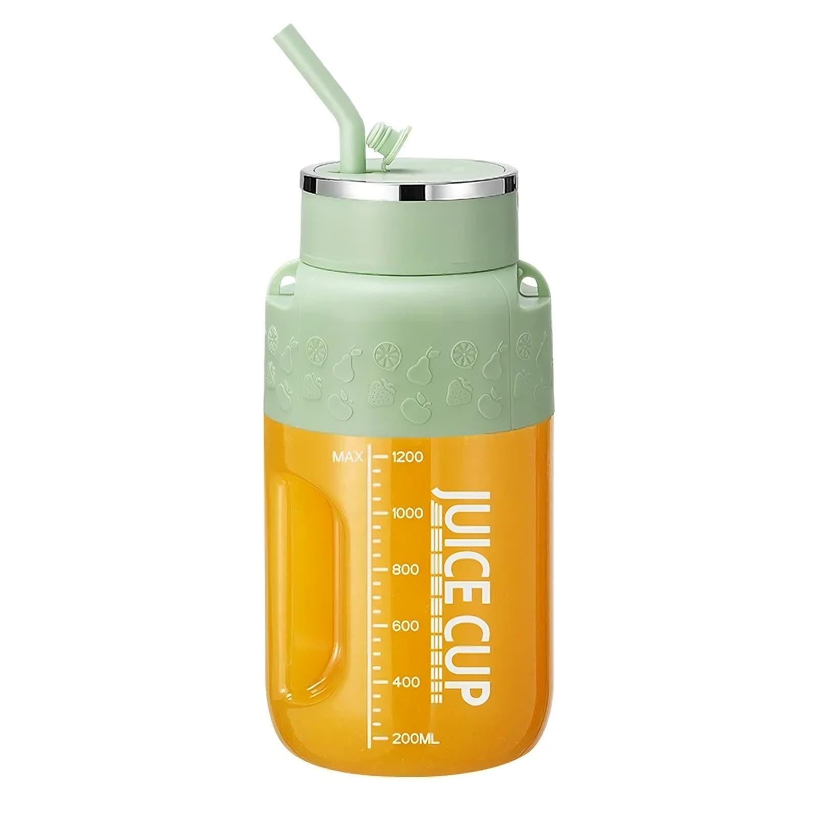 Juice cup with green lid and straw on a white background