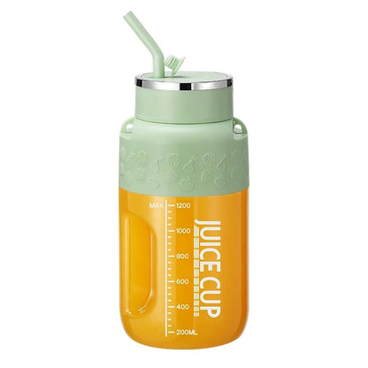 Juice cup with green lid and straw on a white background