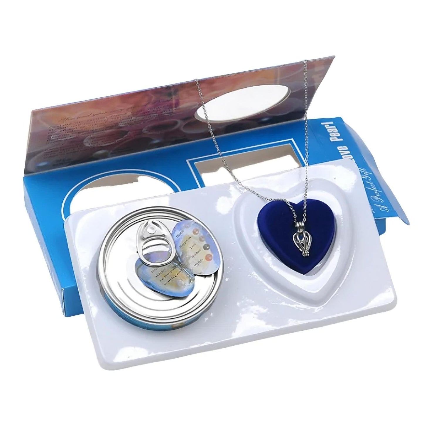 Jewelry set with heart-shaped pendant and circular case in a box on a white background