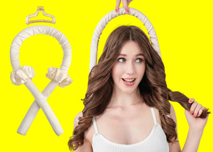Woman with styled hair holding a hair ring and scrunchies on a white background