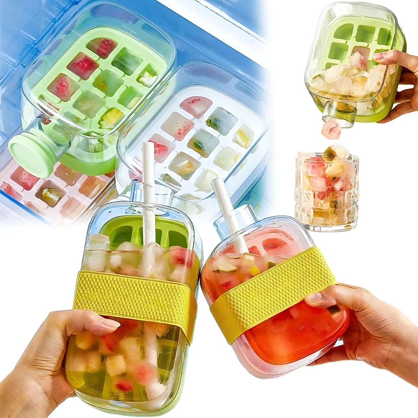 Ice cube trays with colorful fruit pieces and hands holding glasses filled with ice cubes.