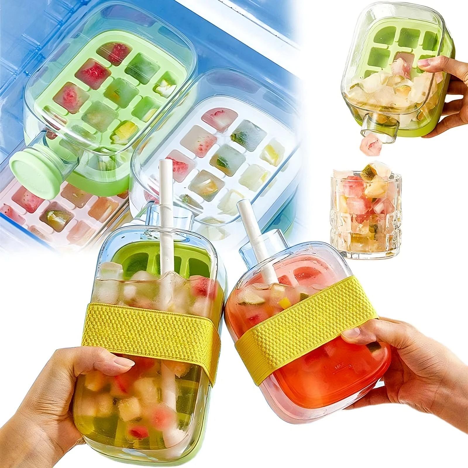 Ice cube trays with colorful fruit pieces and hands holding glasses filled with ice cubes.