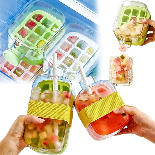 Ice cube trays with colorful fruit pieces and hands holding glasses filled with ice cubes.