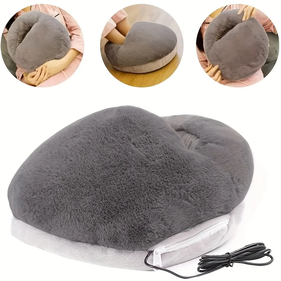 Gray electric massage pillow with close-up insets showing different angles on a white background