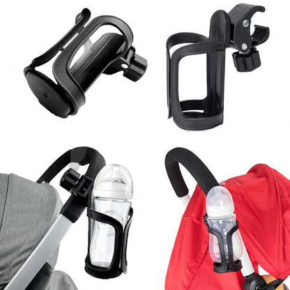 Black stroller cup holders with bottles attached on a white background