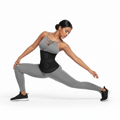 Person wearing a black waist trainer with gray athletic top and leggings on a white background