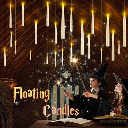 Floating candles in a dark room with a person in a witch's hat and cloak, and a spellbook.