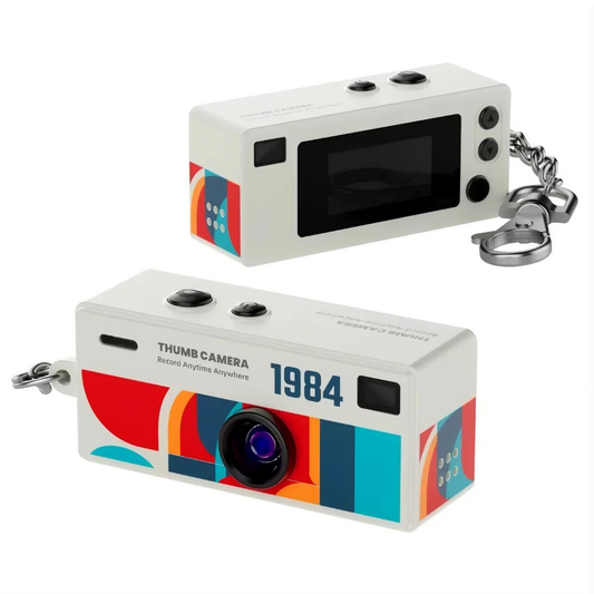 Colorful thumb camera with '1984' design on a white background